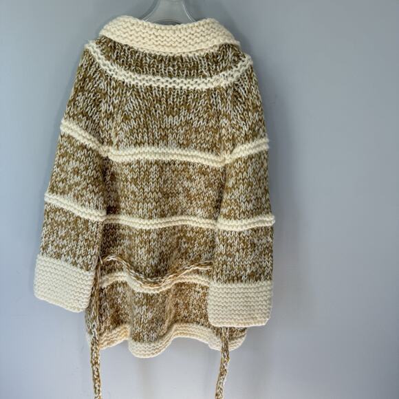 Stunning VTG Hand Knit Chunky Long Cardigan Belted Mustard Yellow Cream S Pocket - Picture 2 of 7